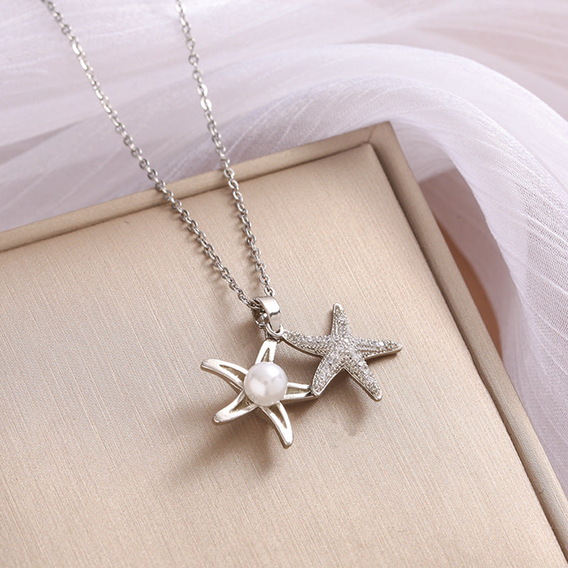 Wholesale Micro Studded Zircon Star Pearl Titanium Steel Necklace Clavicle Chain
